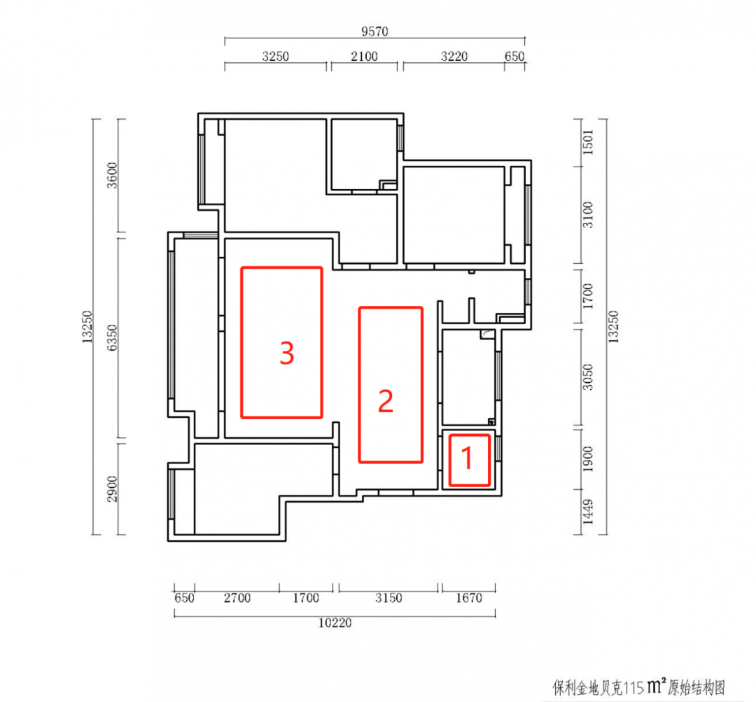 熊皓宇_紅牛設(shè)計--保利金地貝克115㎡（三房）現(xiàn)代風(fēng)格03戶型分析_原始結(jié)構(gòu)圖