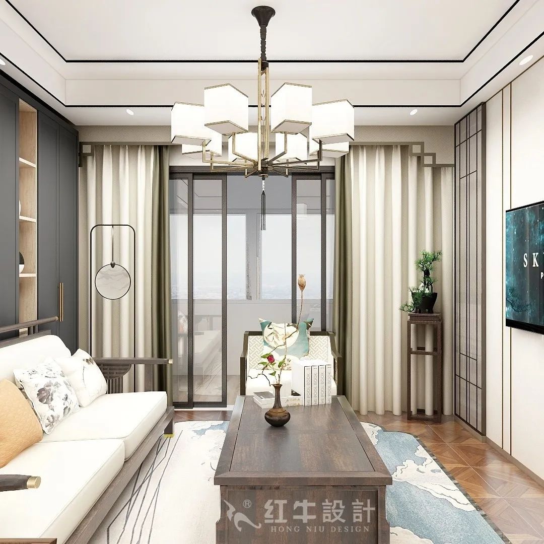 朱明琪_紅牛設(shè)計--中垠紫金官邸105㎡（C3戶型）新中式風(fēng)格05效果圖欣賞_客廳