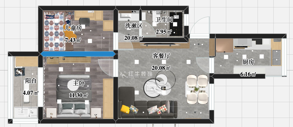張智猿｜銀龍花園1期35-301-60㎡-現(xiàn)代簡約風格｜2室1廳1衛(wèi)｜老房裝修｜定制家￥120000｜全包10萬｜00_03彩平圖