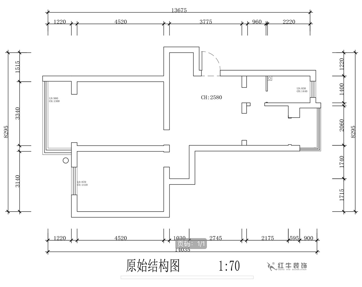 蔣?。蔡┐?1-401-80㎡-現(xiàn)代簡約風格｜2室1廳1衛(wèi)｜舊房裝修｜定制家￥126767｜全包12萬｜00_01原始結構圖