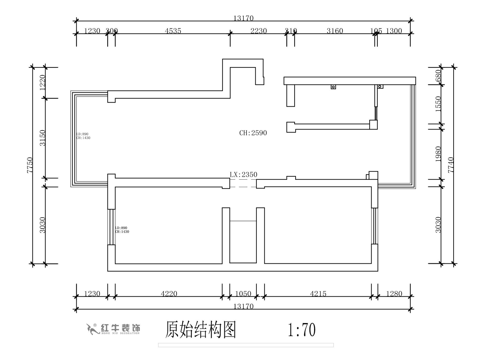 蔣?。旄@43-401-90㎡-現(xiàn)代簡(jiǎn)約風(fēng)格｜2室1廳1衛(wèi)｜舊房裝修｜定制家￥122757｜全包12萬(wàn)｜00_01原始結(jié)構(gòu)圖