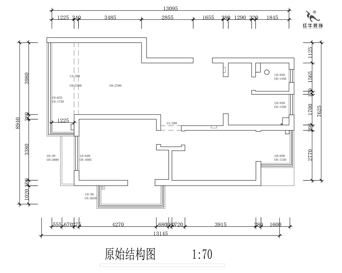 蔣?。霄沃腥A廣場(chǎng)11-601-110㎡-現(xiàn)代簡(jiǎn)約風(fēng)格｜2室2廳1衛(wèi)｜舊房裝修｜定制家￥140400｜全包15萬(wàn)｜00_01原始結(jié)構(gòu)圖