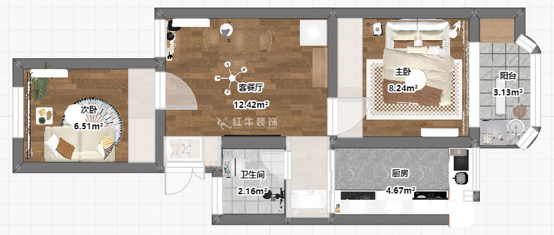 高靈慧｜南苑臺(tái)園26號(hào)9-401-60㎡-北歐風(fēng)格｜2室1廳1衛(wèi)｜老房裝修｜定制家｜全包9萬(wàn)｜00_03平面彩圖
