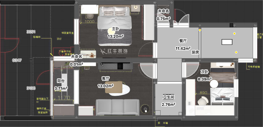 蔣?。驳吕?0號玻纖院小區(qū)14-103-65㎡-現(xiàn)代簡約風(fēng)格｜3室1廳1衛(wèi)｜老房裝修｜定制家｜全包10萬｜00_03平面彩圖