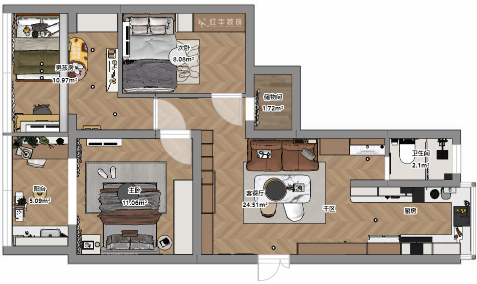 朱明琪|金基公寓4-105-73㎡-原木風(fēng)格|3室1廳1衛(wèi)|老房改造|定制家|全包11萬|00_03平面彩圖