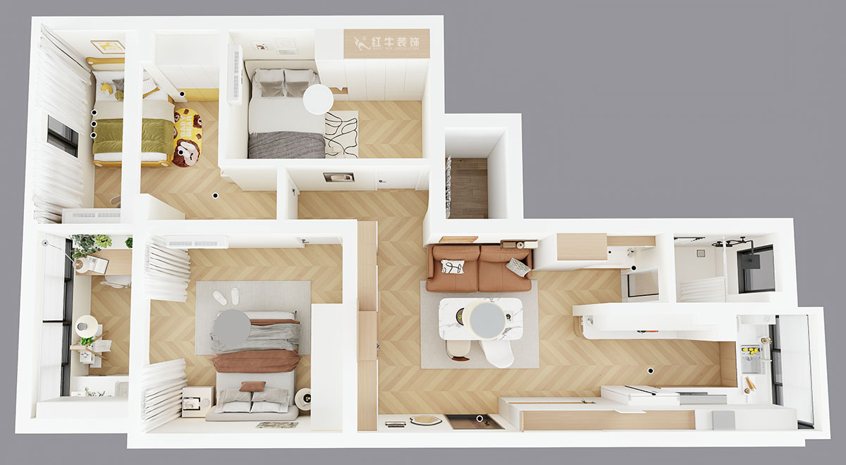 朱明琪|金基公寓4-105-73㎡-原木風(fēng)格|3室1廳1衛(wèi)|老房改造|定制家|全包11萬|00_04鳥瞰圖