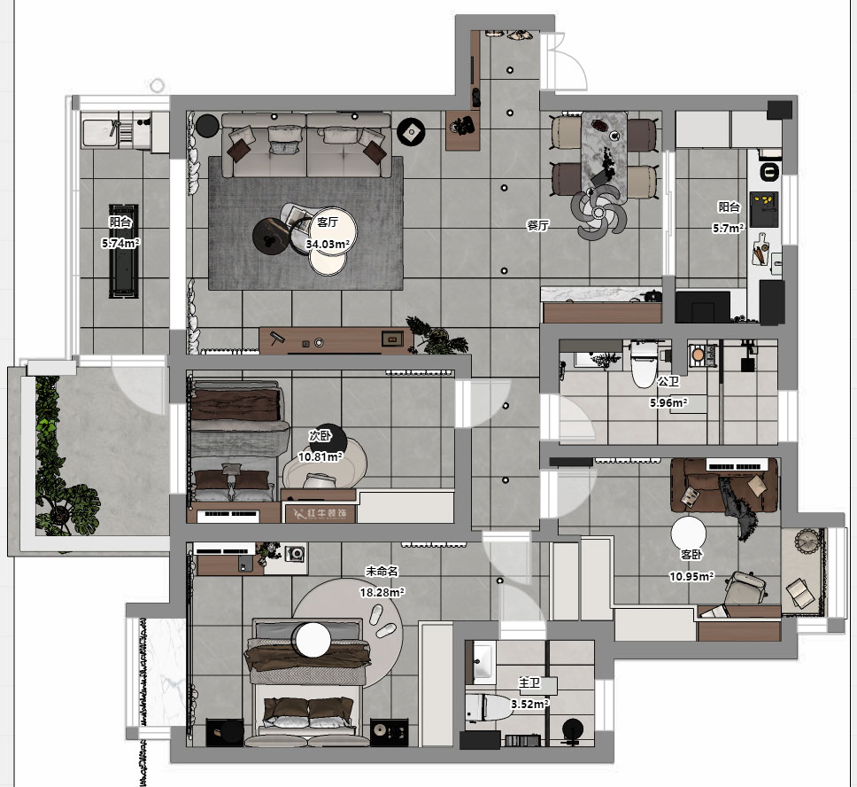 蔣琛｜江南明珠6-1-401-115㎡-現(xiàn)代簡約風(fēng)格｜3室2廳2衛(wèi)｜老房裝修｜定制家｜全包13萬｜00_03平面彩圖