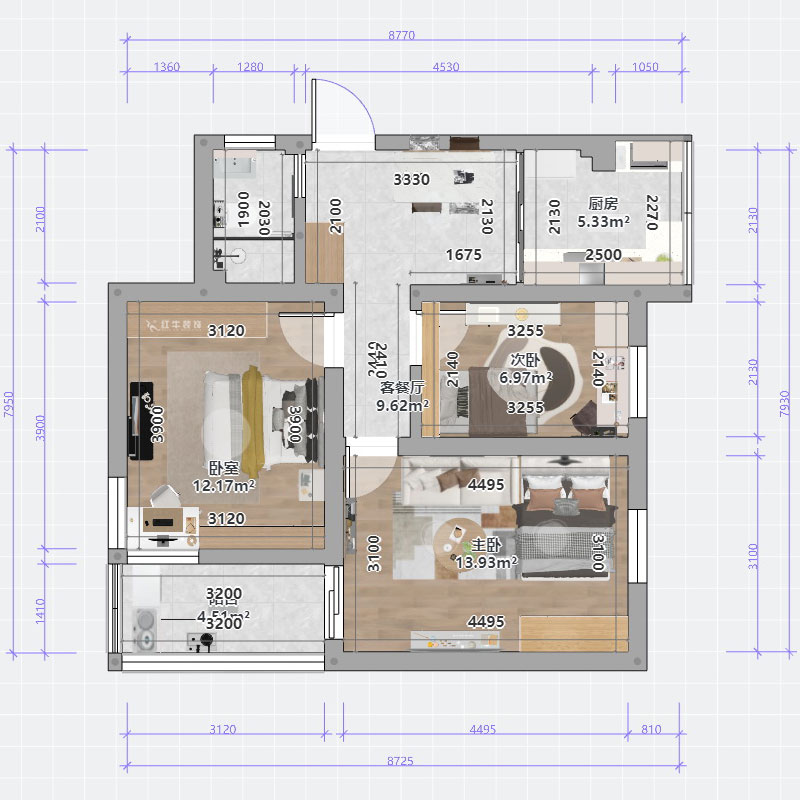 蔣琛｜成賢街92號院9-301-68㎡-現(xiàn)代簡約風(fēng)格｜3室1廳1衛(wèi)｜老房裝修｜定制家｜全包10萬｜00_03平面彩圖