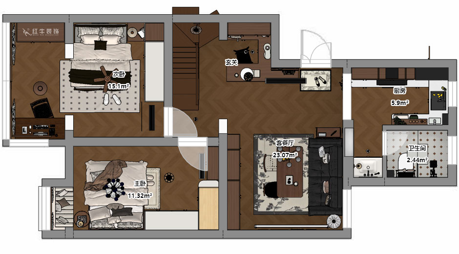 蔣琛｜奧體新城翠杉園15-507-(72+40)㎡-中古風(fēng)｜復(fù)式｜2室1廳1衛(wèi)+閣樓｜老房裝修｜定制家｜全包12萬(wàn)｜00_03平面彩圖